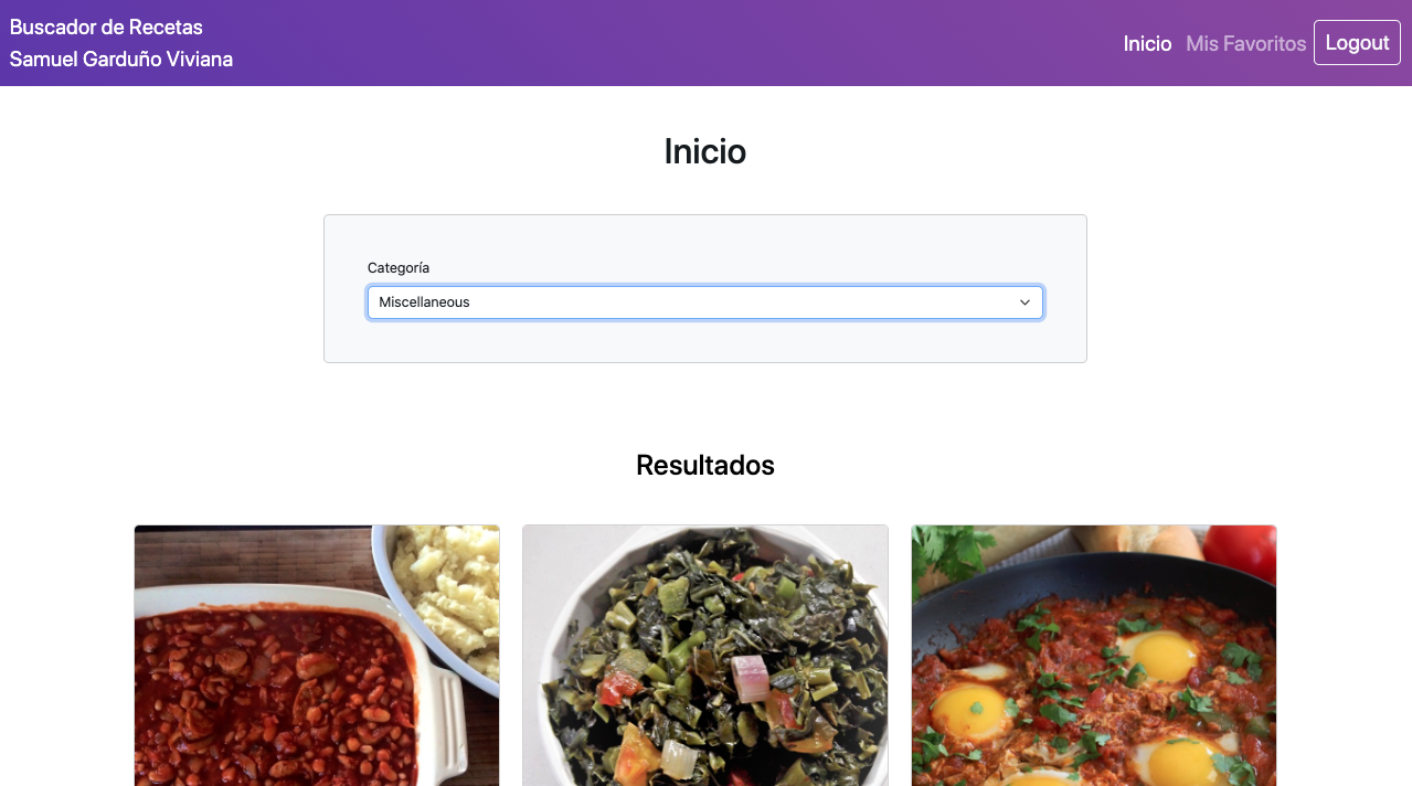 Captura de pantalla del proyecto Recetario